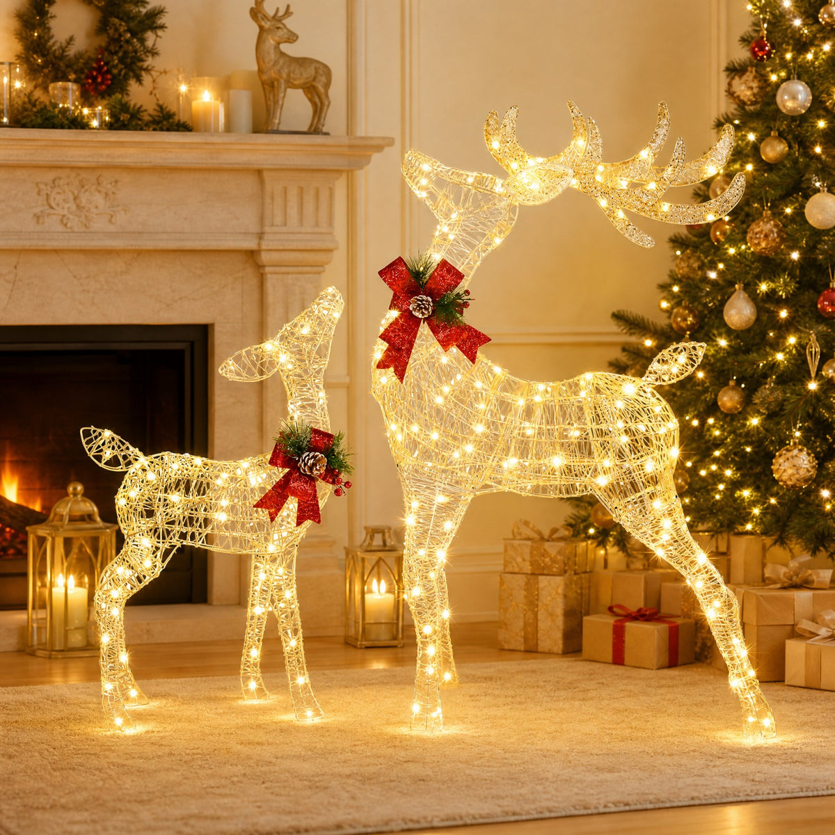 Lighted Christmas Reindeer Decoration, Small Holiday Deer Figure with 50 LED Lights & 4 Stakes