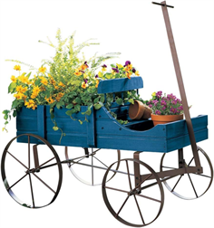 Vintage Wooden Planting Cart, Farmhouse Style Mobile Planter with Adjustable Pull Handle and 4 Wheels