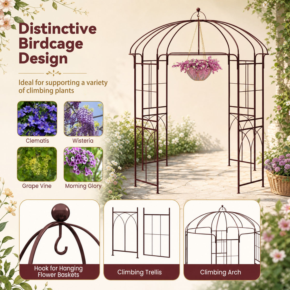 French Style Birdcage Garden Arbor, Heavy-Duty Metal Pergola Pavilion for Climbing Plants