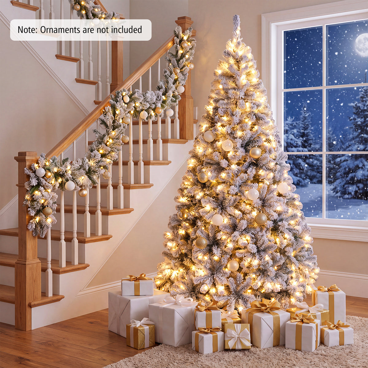 6/7.5/9/4.5 FT Snow-Flocked Christmas Tree, Pre-lit Xmas Tree w/ 250/450/550/150 Warm White LED Lights & 600/1010/1498/295 Branch Tips