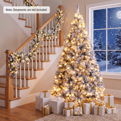 6/7.5/9/4.5 FT Snow-Flocked Christmas Tree, Pre-lit Xmas Tree w/ 250/450/550/150 Warm White LED Lights & 600/1010/1498/295 Branch Tips