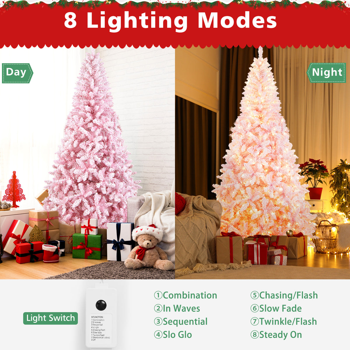 7.5 FT Pre-Lit Artificial Christmas Tree with Snow Flocked Pink Leaves