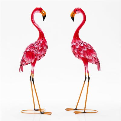 2 Piece Yard Flamingo Ornament, Outdoor Flamingo Sculpture with Heavy Duty Metal Frame and 2 Ground Spikes