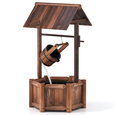 44.5-Inch Vintage Wishing Well Water Fountain with Bucket Pump, Rustic Carbonized Wood Outdoor Garden Decoration