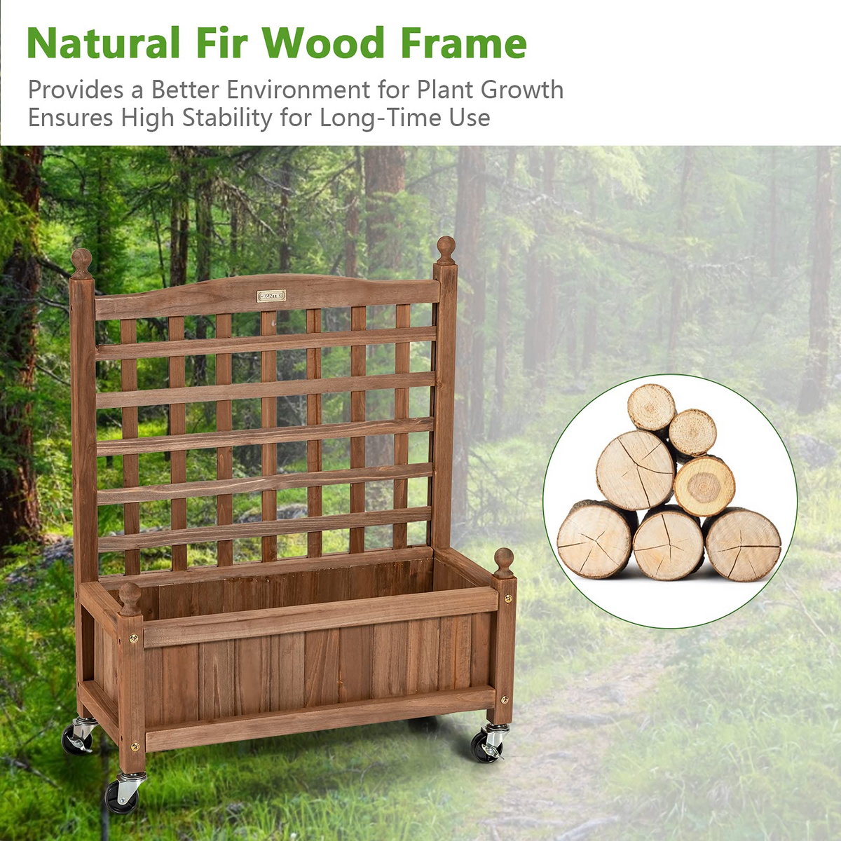 Wood Planter with Lattice Trellis and Wheels, 25'' x 11'' x 32.5'' (L x W x H)
