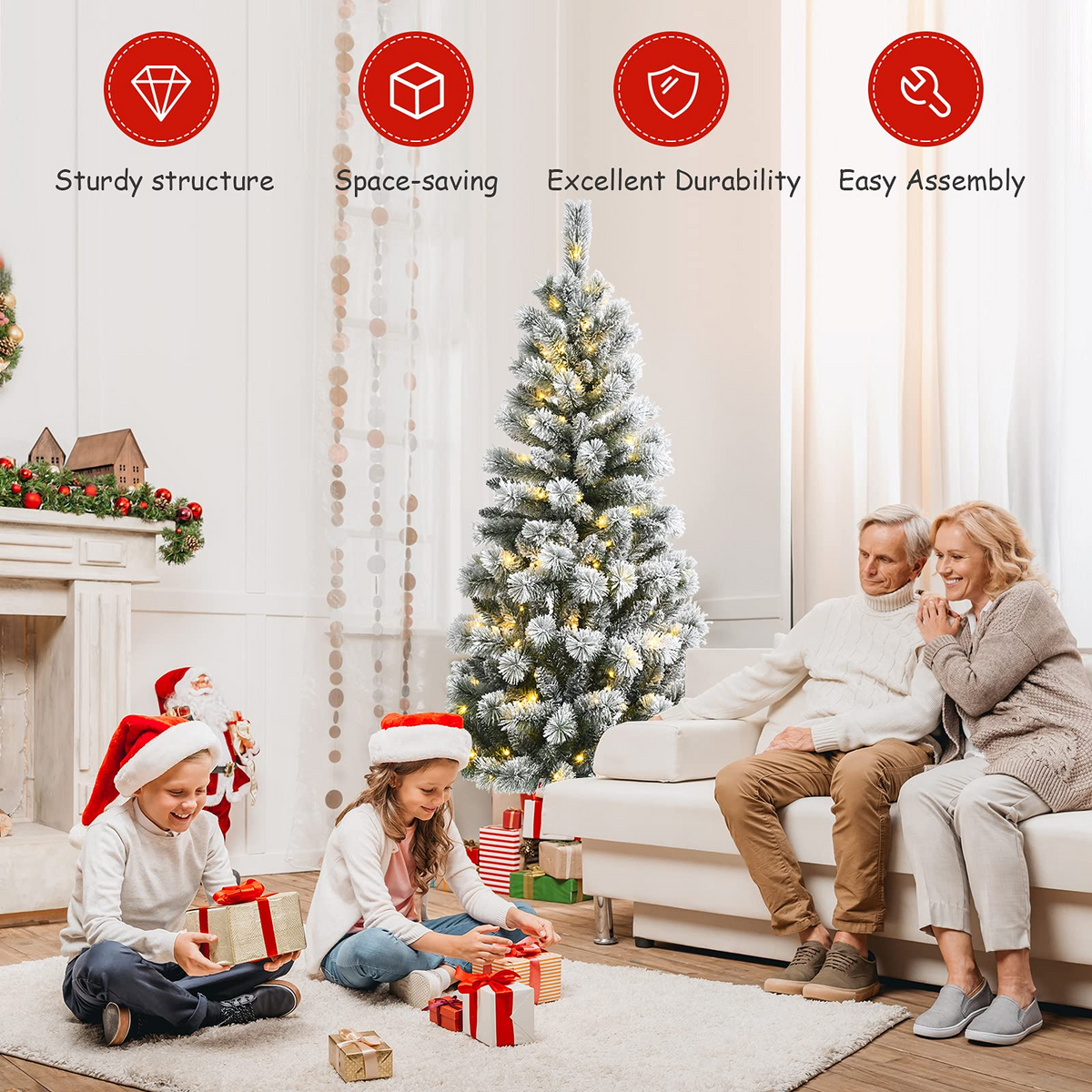 Lucktree Snow Flocked Christmas Tree, Premium Hinged Artificial Pine Tree, Remote Controller, Xmas Full Tree for Indoor - LucktreeUS