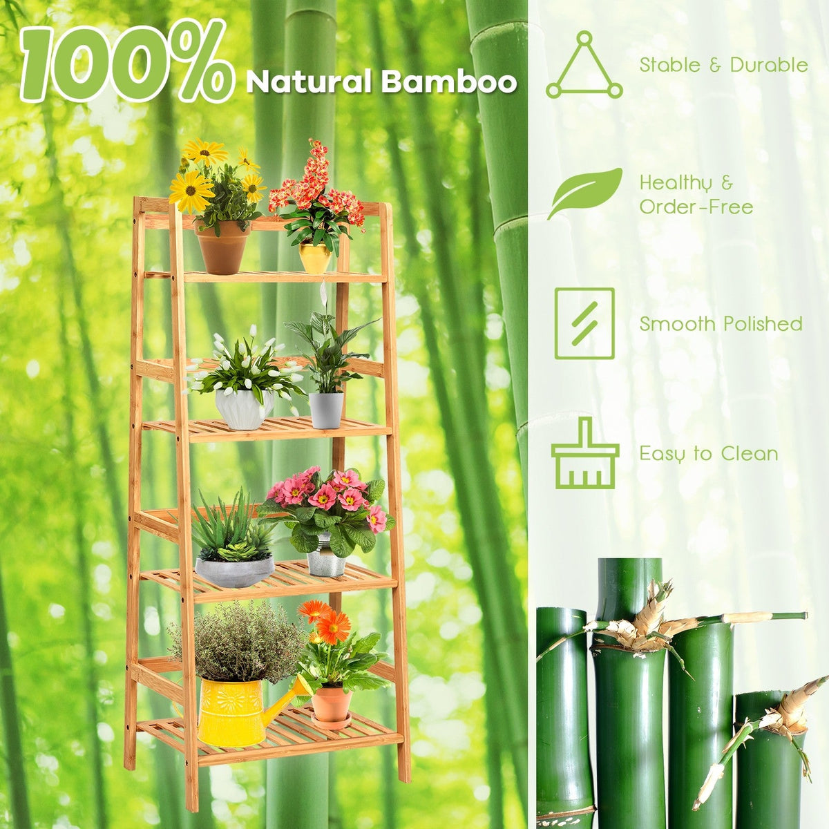 4-Tier Ladder Shelf Plant Stand, Bamboo Flower Pots Holder Display Rack - Lucktree