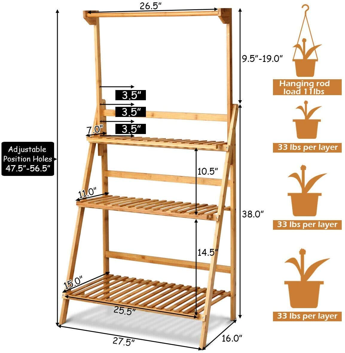 Lucktree 3-Tier Hanging Plant Stand Storage Shelf, Folding Flower Pot Organizer Display Storage Rack