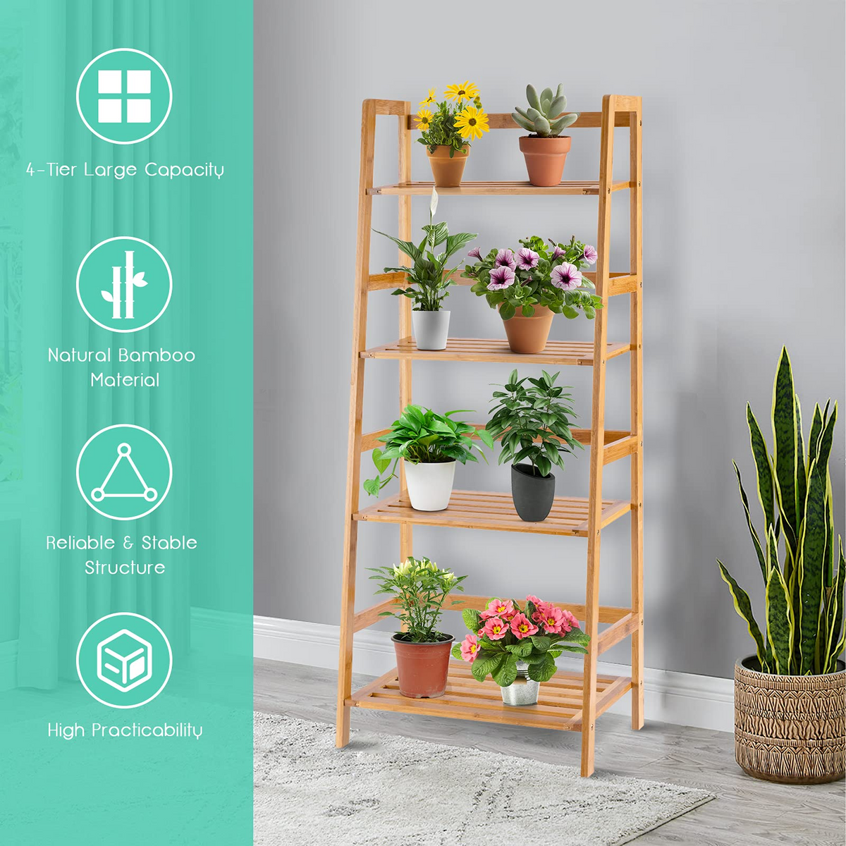 Lucktree 4-Tier Bamboo Plant Stand Flower Pots Holder Display Shelf, 47.5"