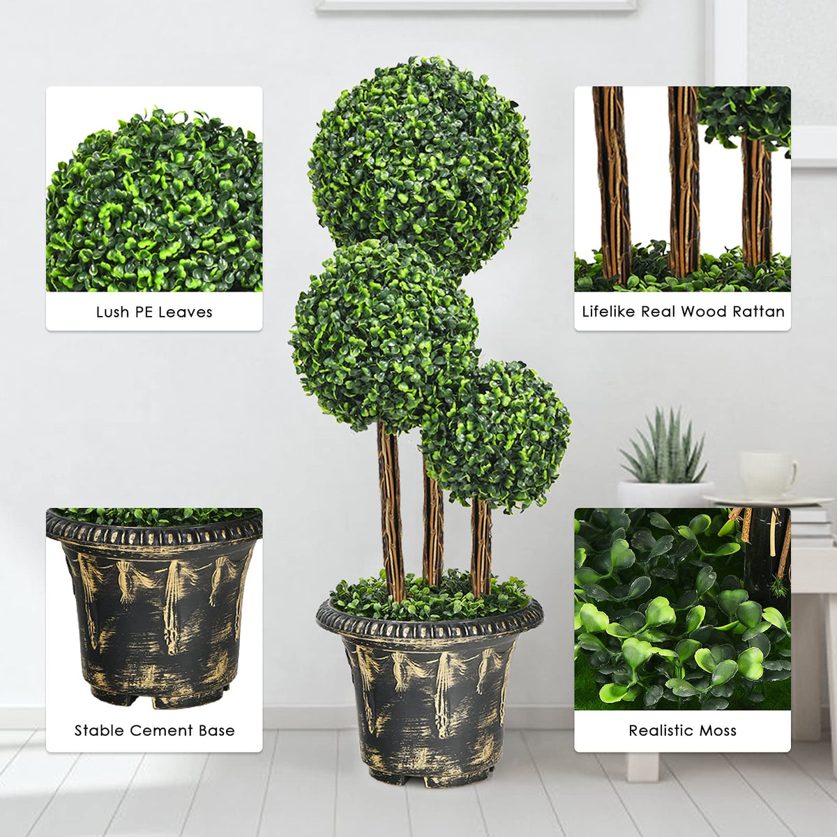 2.5 Ft/3 Ft  Artificial Boxwood Topiary Tree, Fake Greenery Plants Triple Ball Tree - LucktreeUS