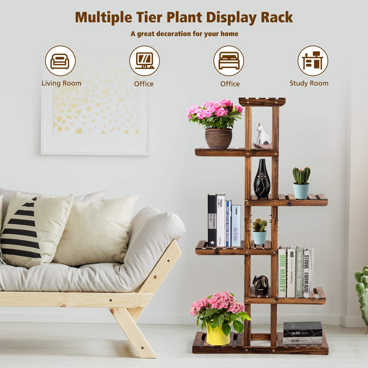 Lucktree Flower Rack Wood Plant Stand 7 Wood Shelves 11 Pots