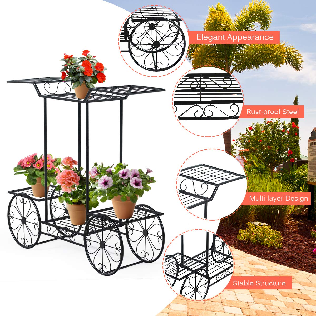 Lucktree Garden Cart Metal Plant Stand with 4 Decorative Wheels