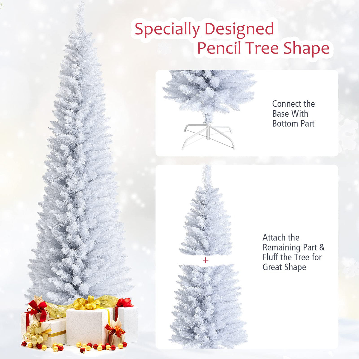 5FT / 6FT / 7FT Pencil Christmas Tree, Artificial Slim White Christmas Tree - LucktreeUS