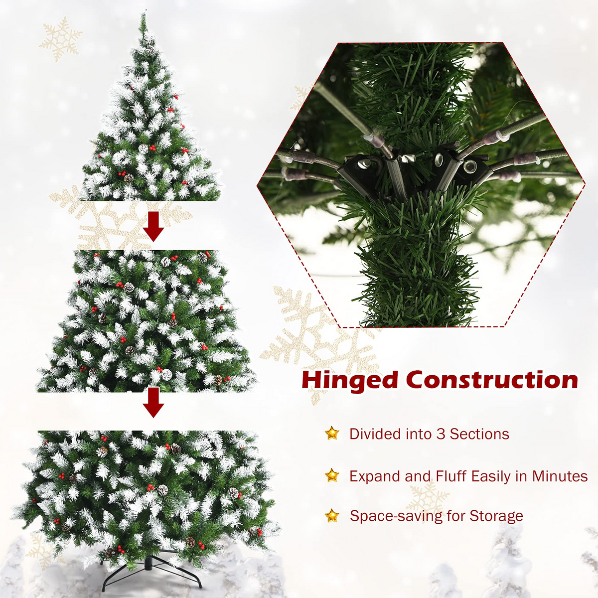 Lucktree Pre-lit Snow Flocked Christmas Tree,Hinged Artificial Xmas Tree, Indoor Holiday Festival Decoration - LucktreeUS
