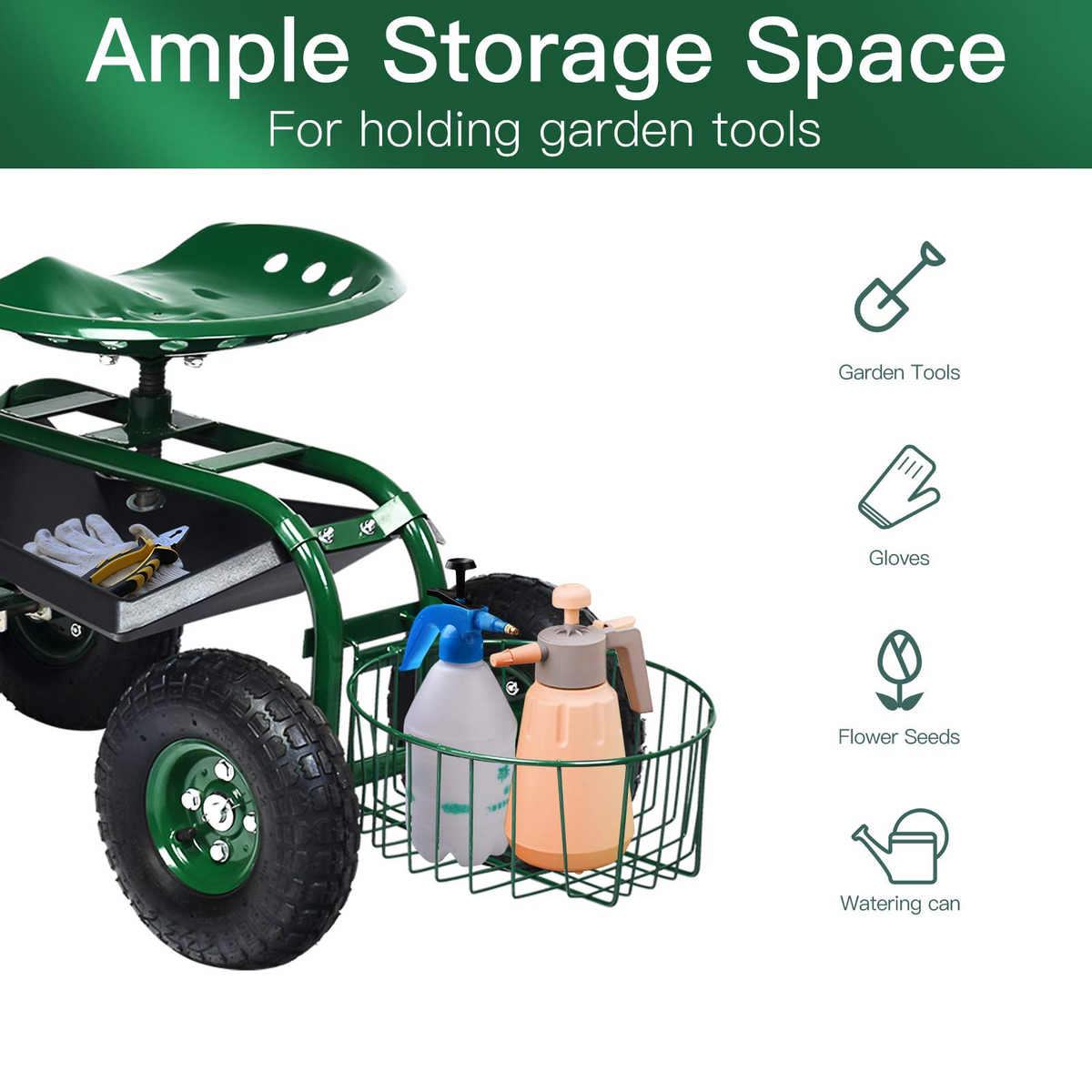 4-Wheel Garden Workseat with Storage Basket - Lucktree