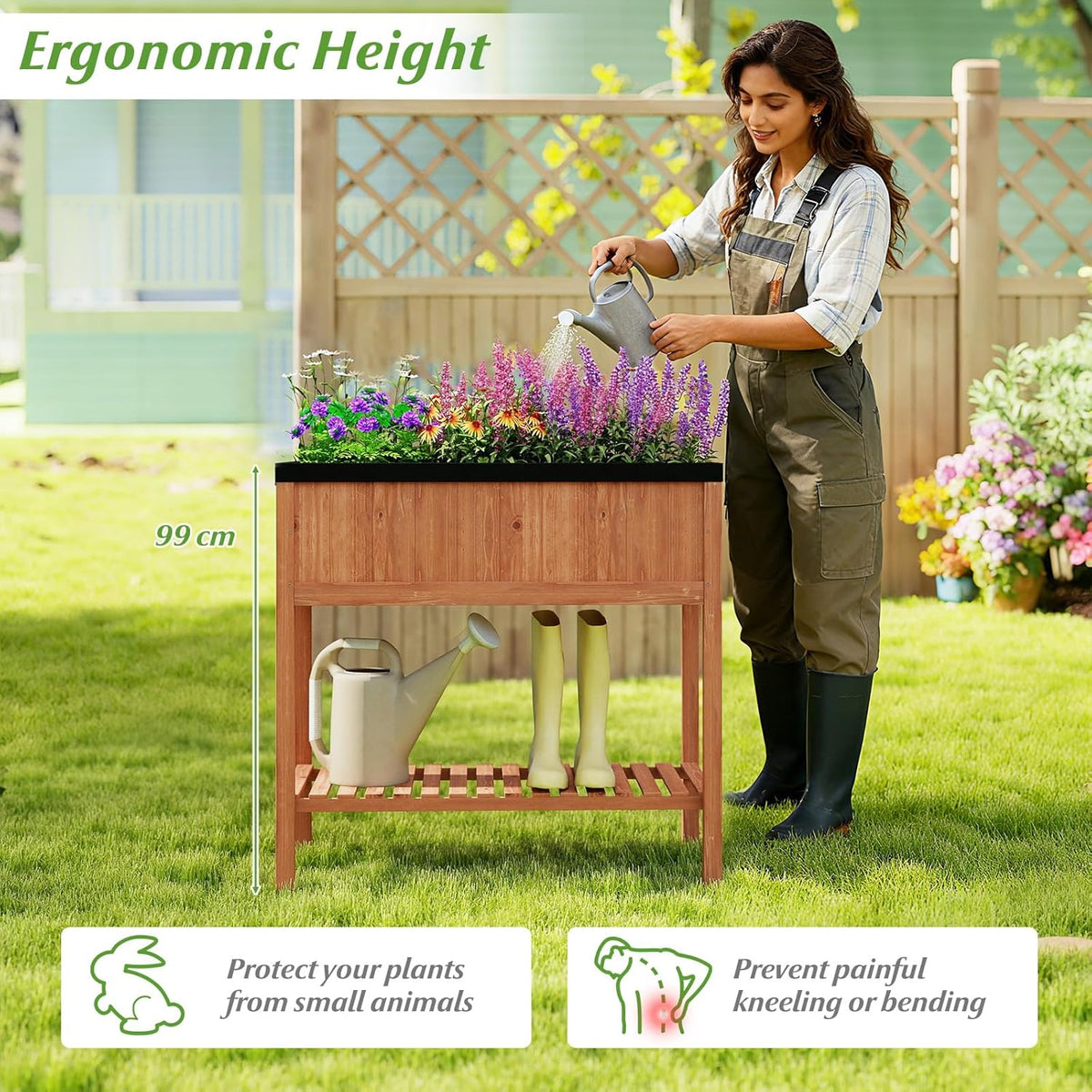 Lucktree 40"x20"x39" Raised Garden Bed Wood Planter Box with Plant Stand & Black Liner