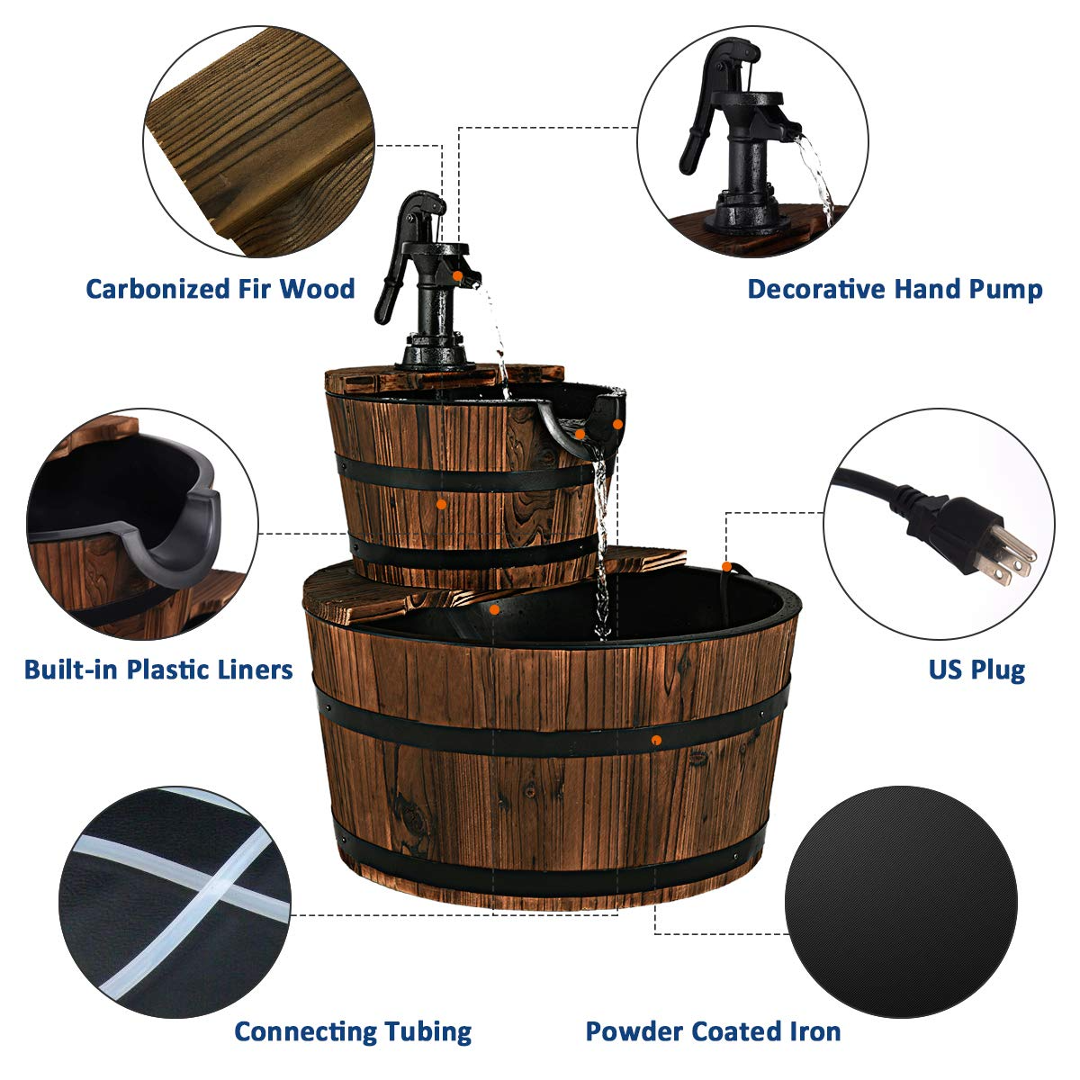 Lucktree 2-Tier Barrel Waterfall Fountain with Hand Pump