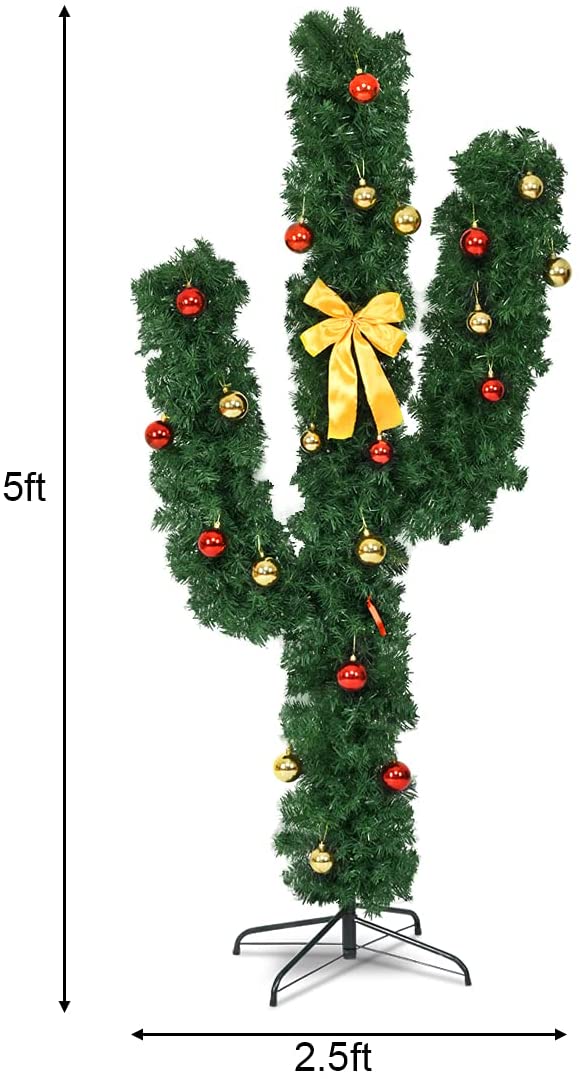 Pre-Lit Artificial Cactus Christmas Tree with LED Lights and Ball Ornaments -  Lucktree