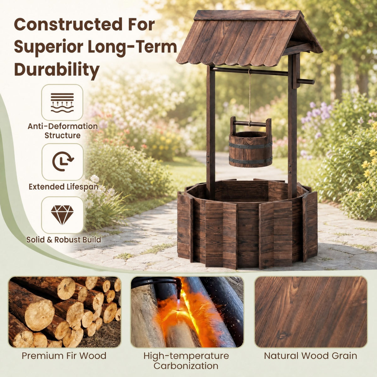 Rustic Outdoor Garden Decoration with Solid Fir Wood Construction, Wooden Wishing Well Planter with Hanging Bucket