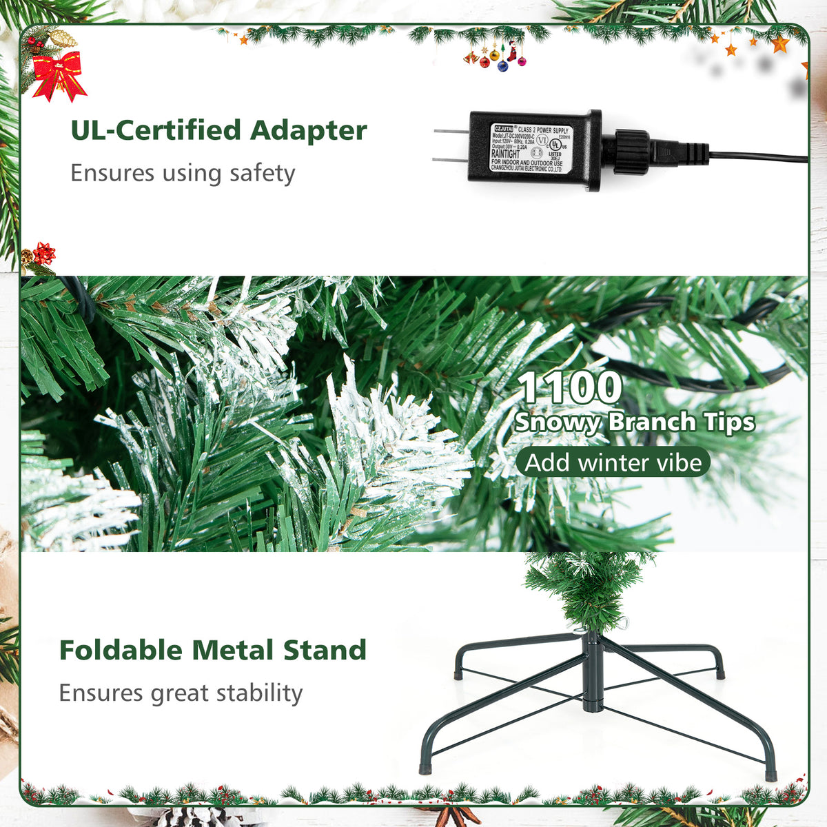 7.5 FT Pre-lit Upside Down Christmas Tree, Snow Flocked Artificial Xmas Tree with 1100 PVC Branch Tips
