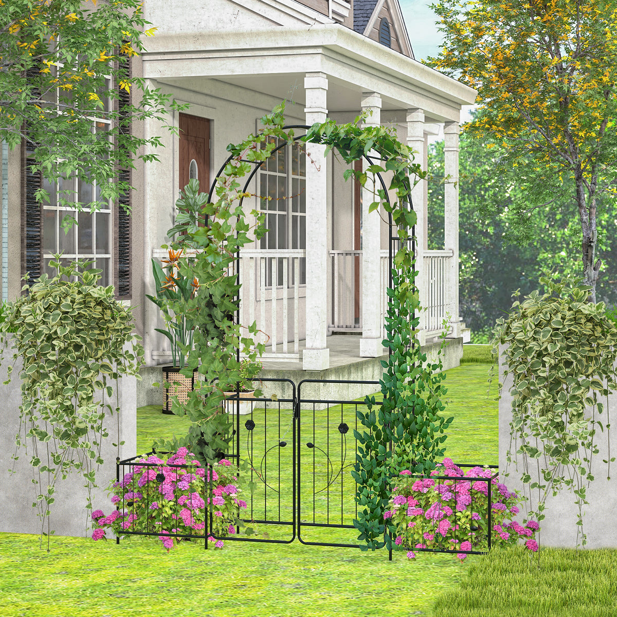 87" Steel Garden Arch with Planter Beds, Dig-Free Wedding Arbor w/Lockable Gates for Vines