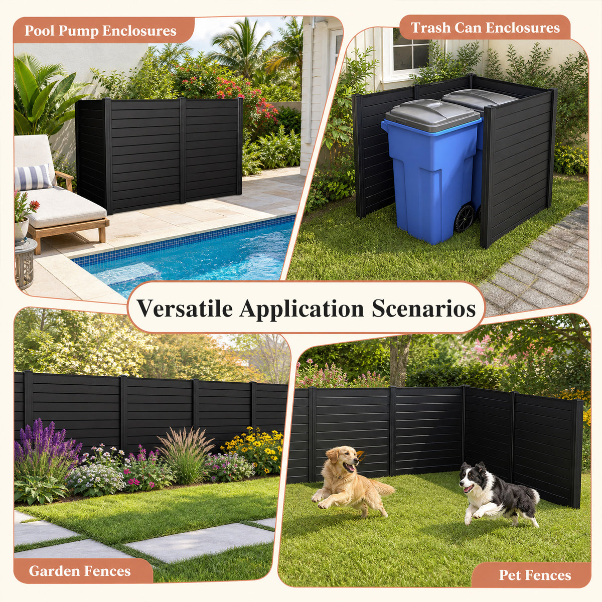 PP Privacy Fence Screen 123cm x 123cm, 2/4 Panels, No-Dig Air Conditioner Trash Can Pool Equipment Enclosure with Galvanized Ground Stakes