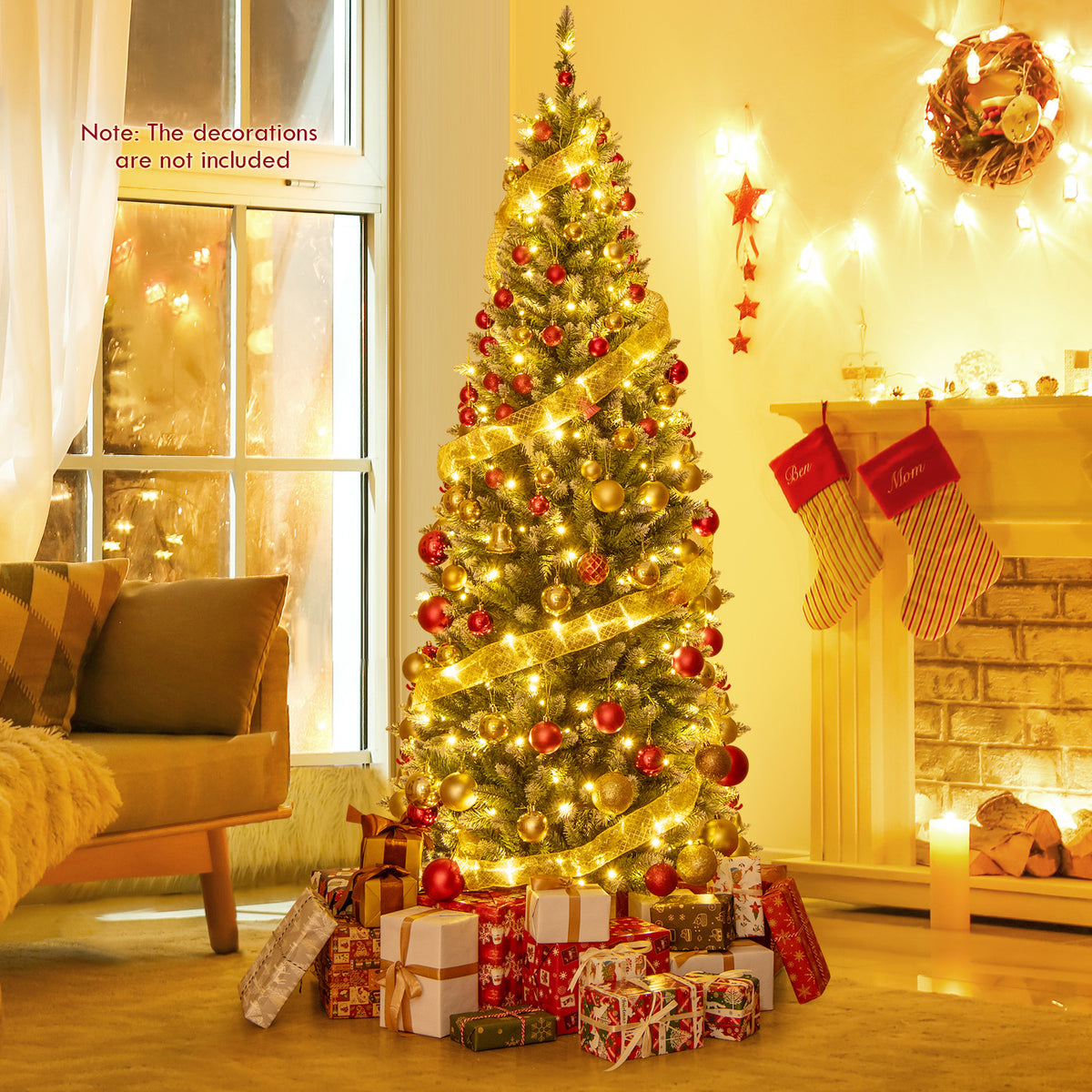 6FT/9FT Pre-Lit Pencil Christmas Tree, Snowy Artificial Christmas Tree with 1298 Branch Tips & 500 LED Lights