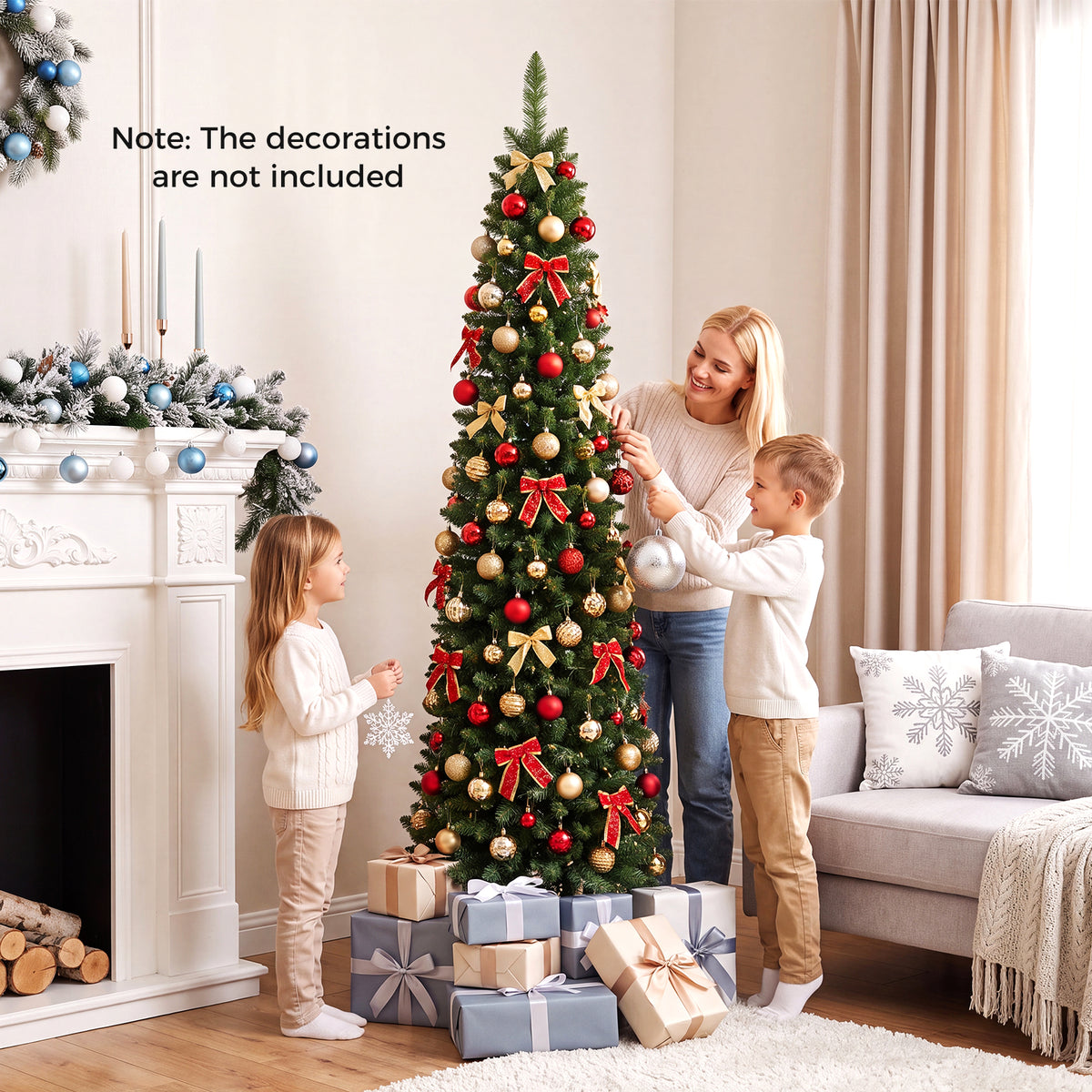 7FT Pre-Lit Pencil Christmas Tree, Slim Artificial Xmas Tree with Folding Metal Stand