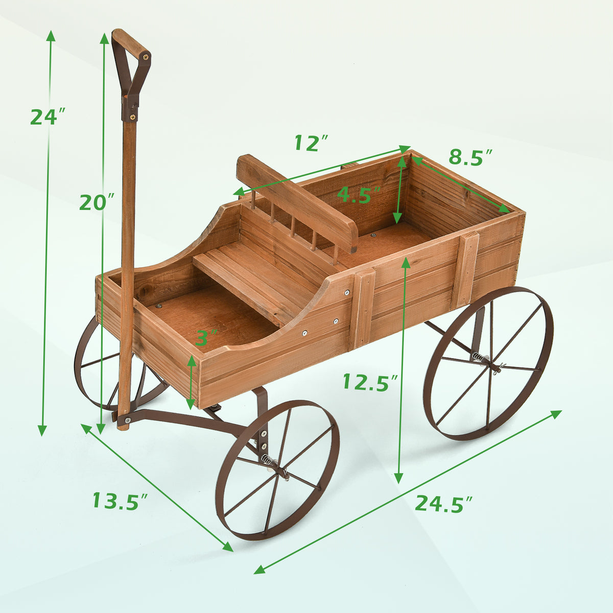 Vintage Wooden Planting Cart, Farmhouse Style Mobile Planter with Adjustable Pull Handle and 4 Wheels