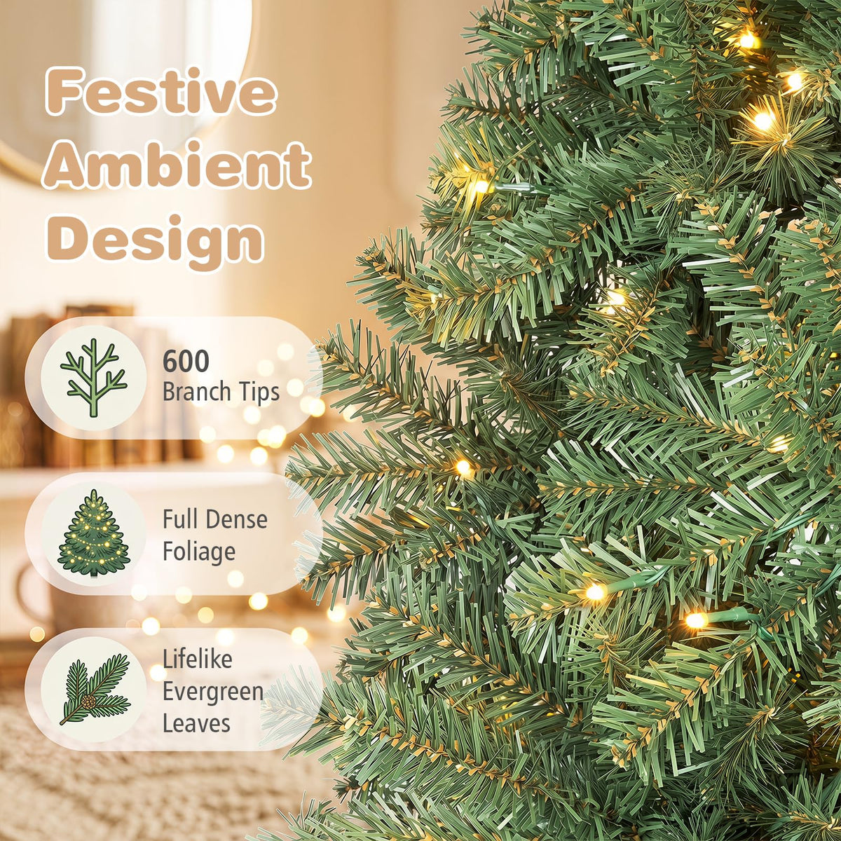 Lucktree 5FT Artificial Christmas Tree  | Full Xmas Tree w/600 Branch Tips and 2 Lighting Colors