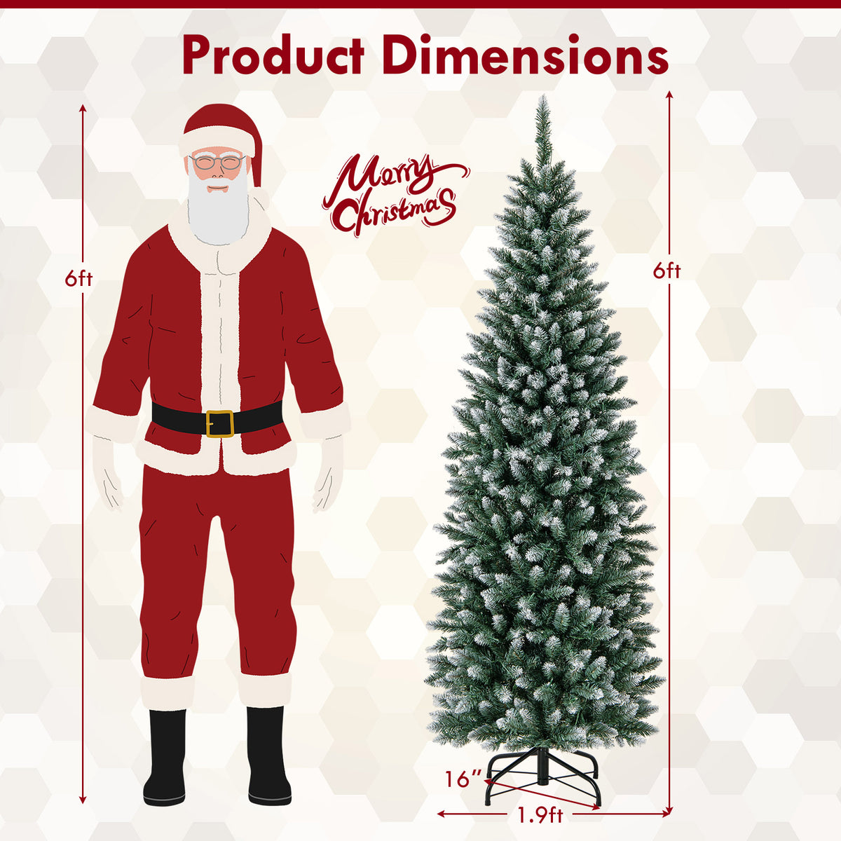 6FT/9FT Pre-Lit Pencil Christmas Tree, Snowy Artificial Christmas Tree with 1298 Branch Tips & 500 LED Lights