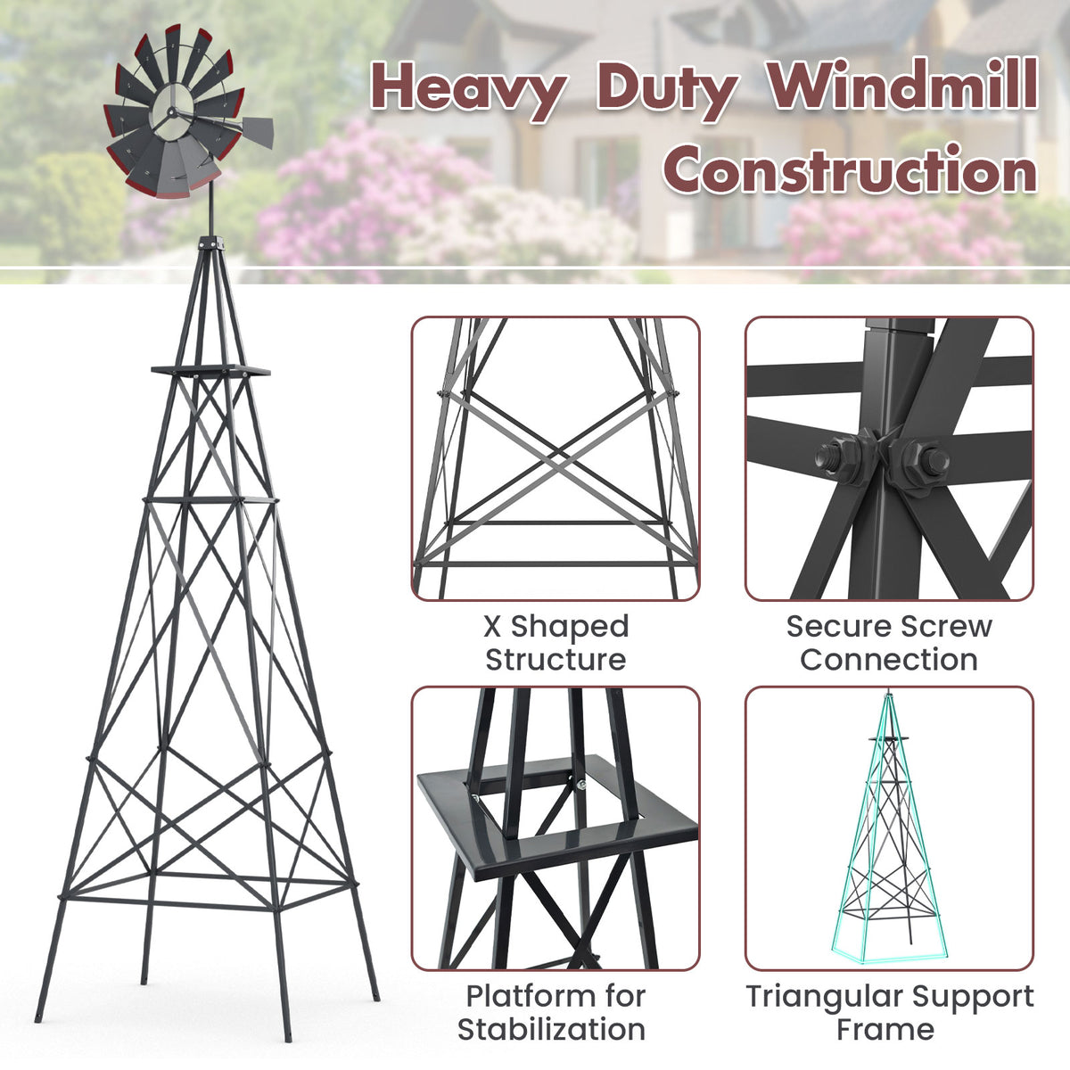 8ft Steel Windmill, Farmhouse Windmill Decoration with Directional Vane