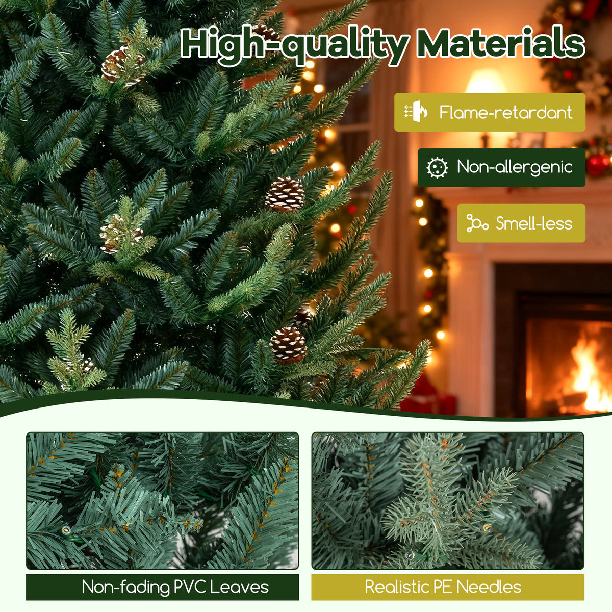 7.5FT Pre-lit Artificial Christmas Tree, Hinged Xmas Tree with 1306 Branch Tips
