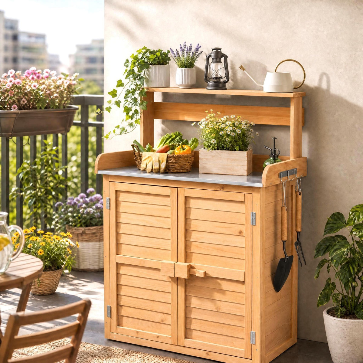 Garden Potting Bench Table, Wood Plant Workstation w/ Stainless Steel Tabletop