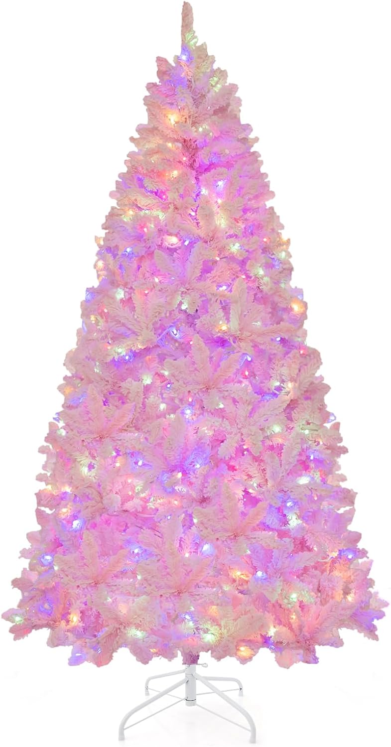 Lucktree 6FT Pink Pre-lit Christmas Tree, Hinged Snow Flocked Artificial Xmas Tree, Seasonal Holiday Decoration for Office Home