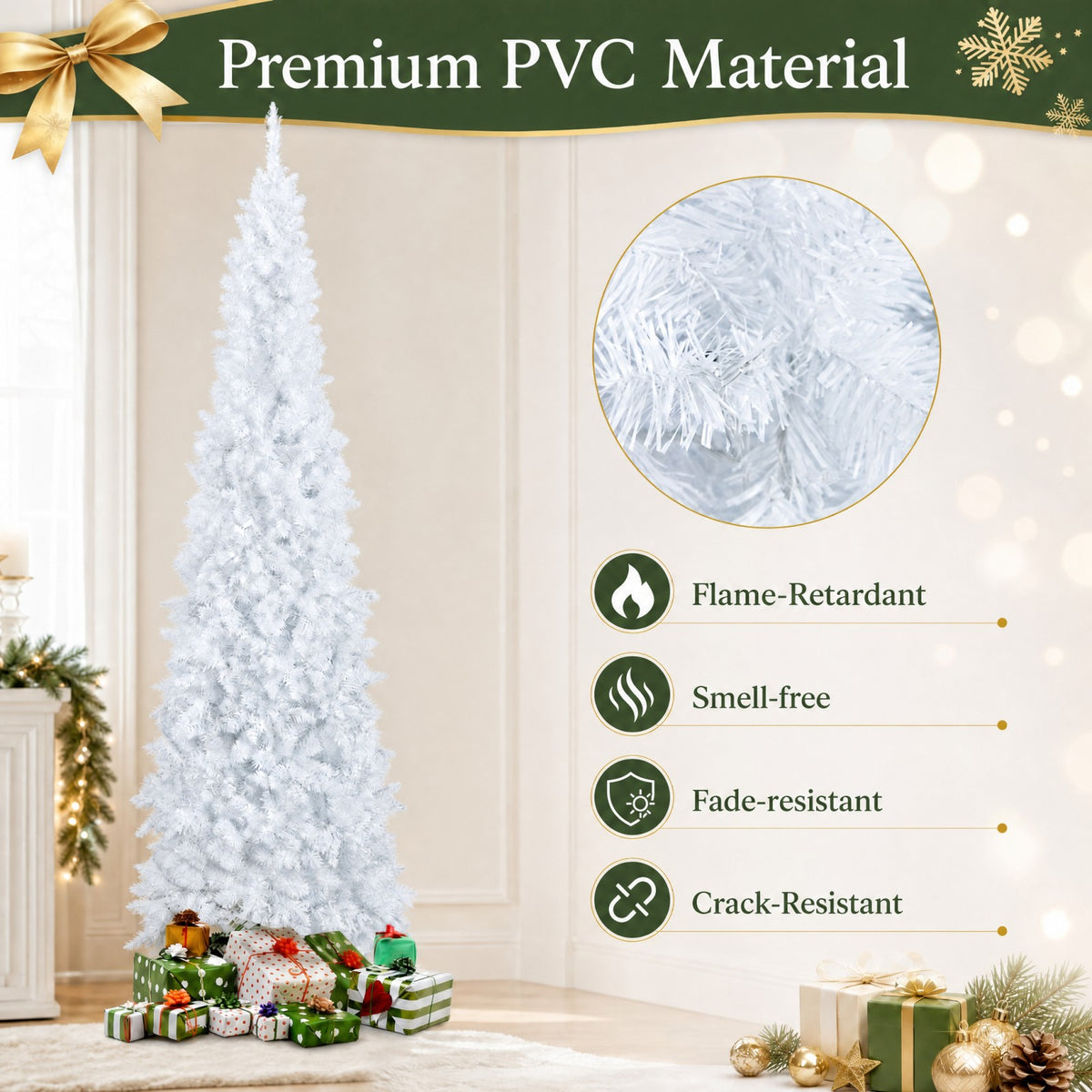 7 FT Christmas Pencil Tree, Hinged Holiday Tree with 300 Warm White LED Lights