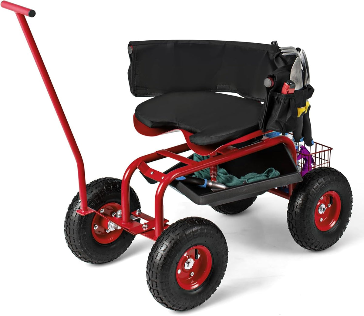 Lucktree Garden Cart, Rolling Workseat with 4 Wheels, Tool Tray, Removable Cushion, Storage Basket