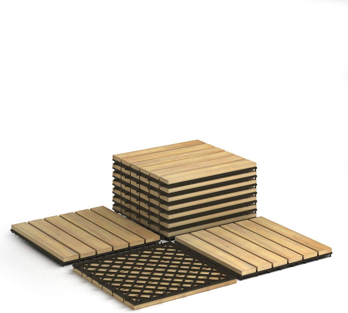 Lucktree 27 PCS Interlocking Patio Deck Tiles, 12 x 12in Acacia Hardwood Floor Tiles, Tools Free Assembly