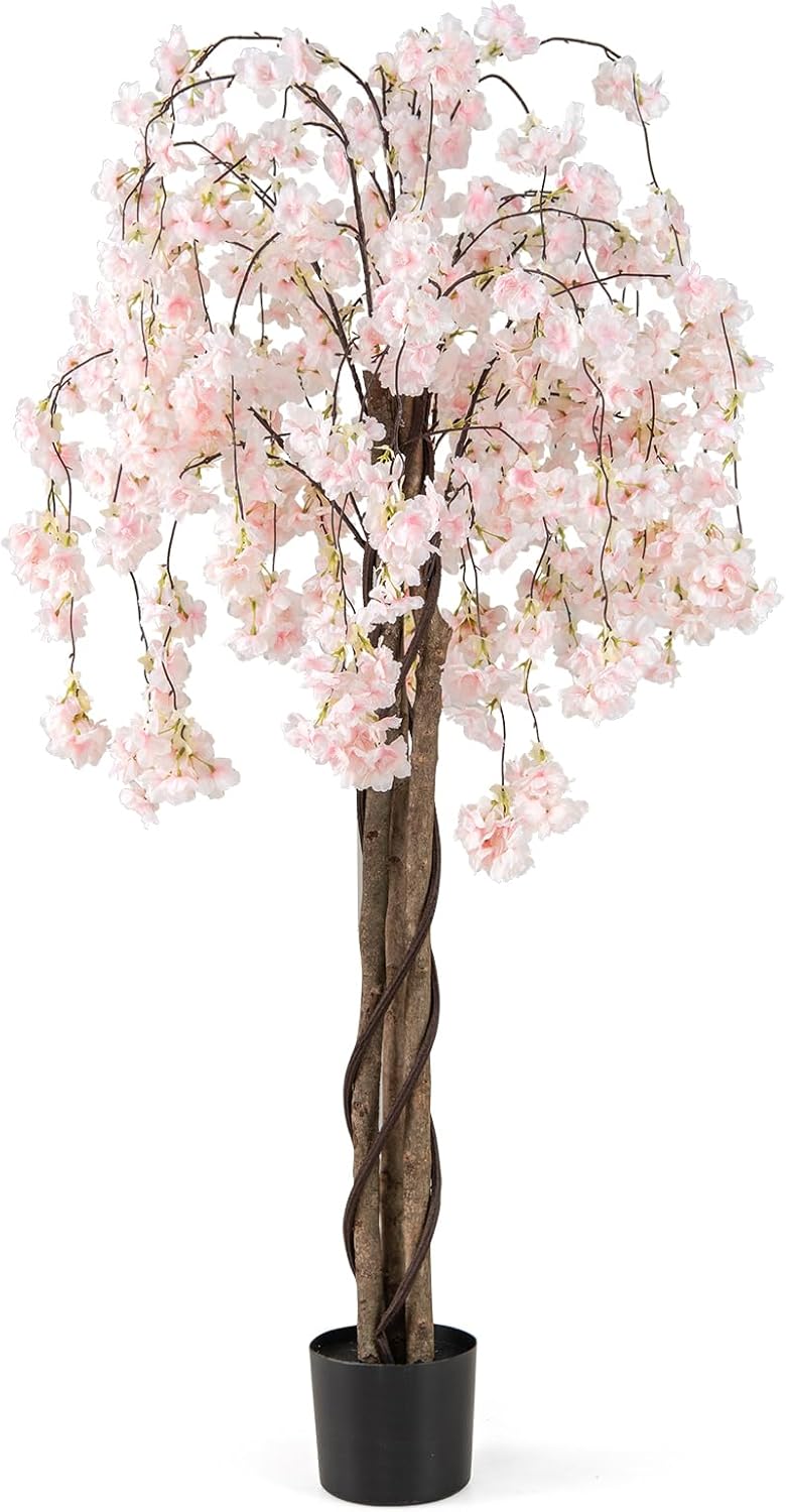 Lucktree 5.5FT Artificial Cherry Blossom Tree Faux Floral Plant Blooming Tree in Nursery Pot