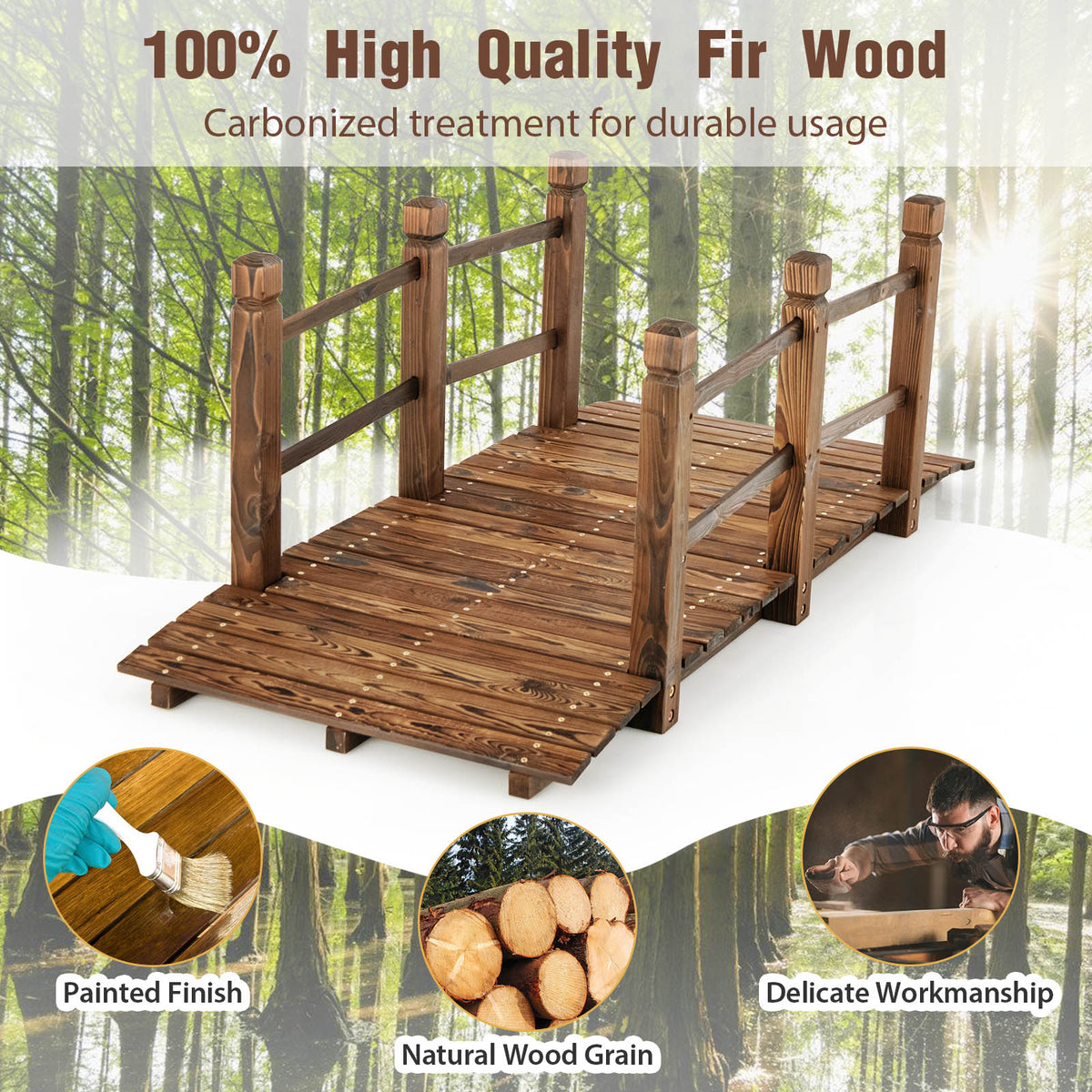 Arched Outdoor Footbridge, 5 FT Fir Wood Garden Crossing with Dual Safety Side Rails