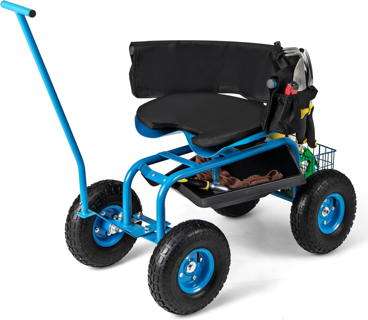 Lucktree Garden Cart, Rolling Workseat with 4 Wheels, Tool Tray, Removable Cushion, Storage Basket