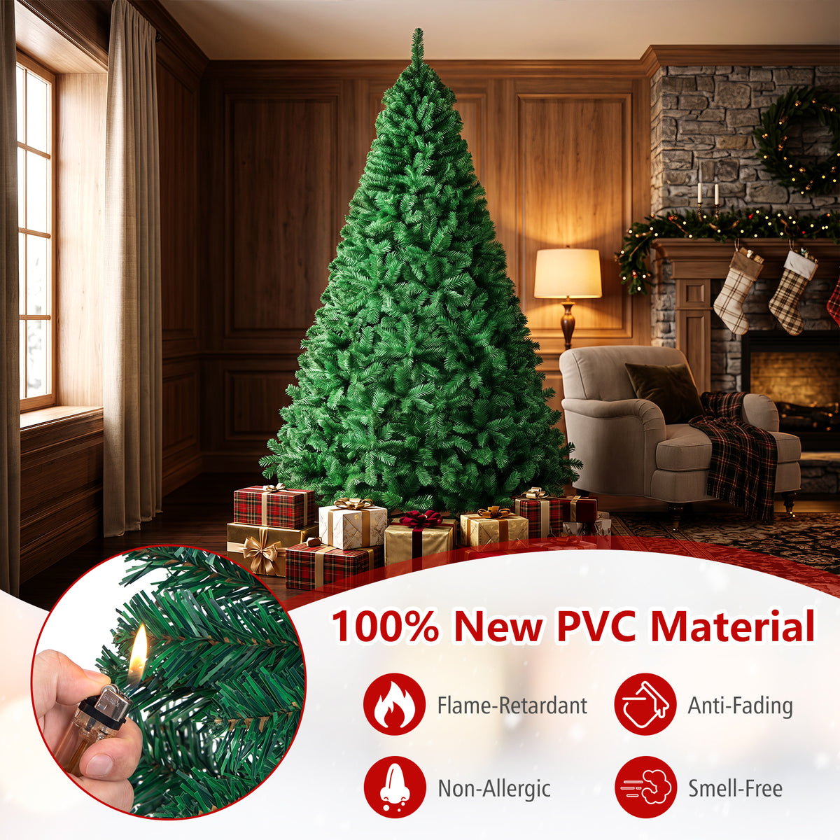 5/6/7/8 FT Artificial Christmas Tree, Unlit Full Xmas Pine Tree with 350/650/950/1138 Branch Tips & Folding Metal Stand