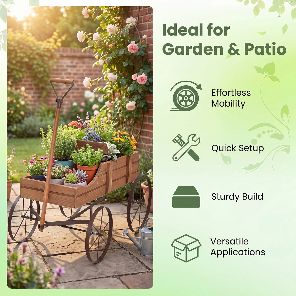 Vintage Wooden Planting Cart, Farmhouse Style Mobile Planter with Adjustable Pull Handle and 4 Wheels