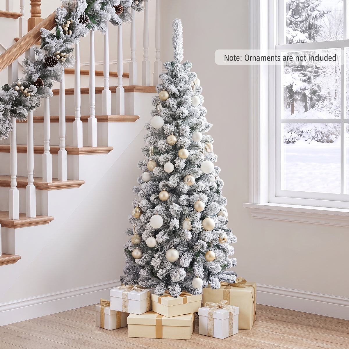 4.5/6/7.5 FT Snow-Flocked Christmas Tree, Artificial Pencil Xmas Tree with 244/502/641 PVC Branch Tips