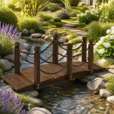 150cm Wooden Bridge, Arc Footbridge w/Safe Chain Railings, Outside Small Arc Pond Bridge