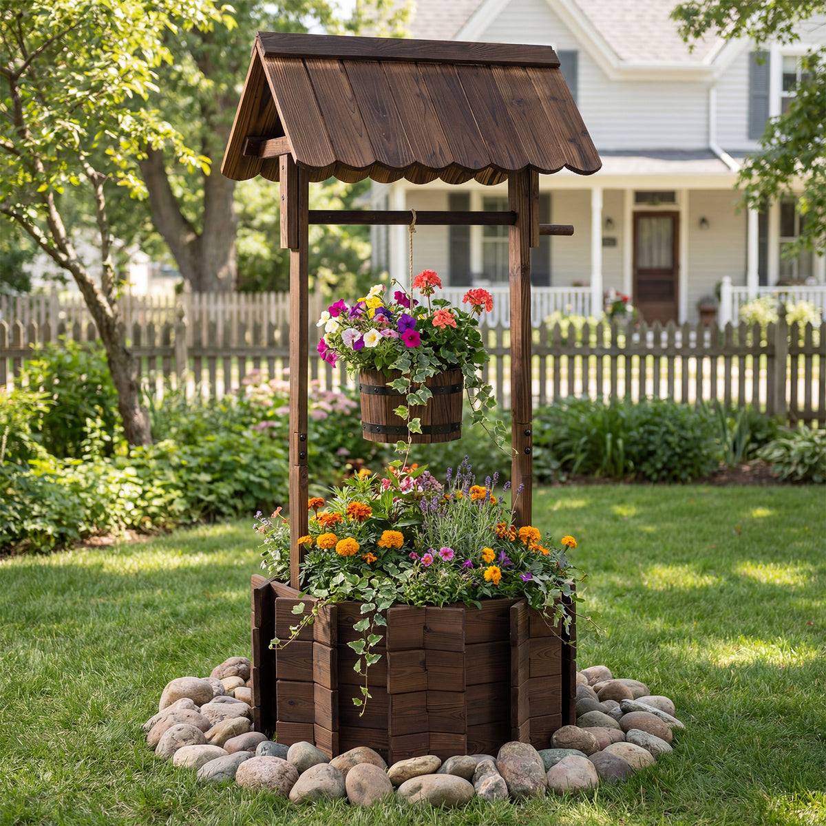 Rustic Outdoor Garden Decoration with Solid Fir Wood Construction, Wooden Wishing Well Planter with Hanging Bucket