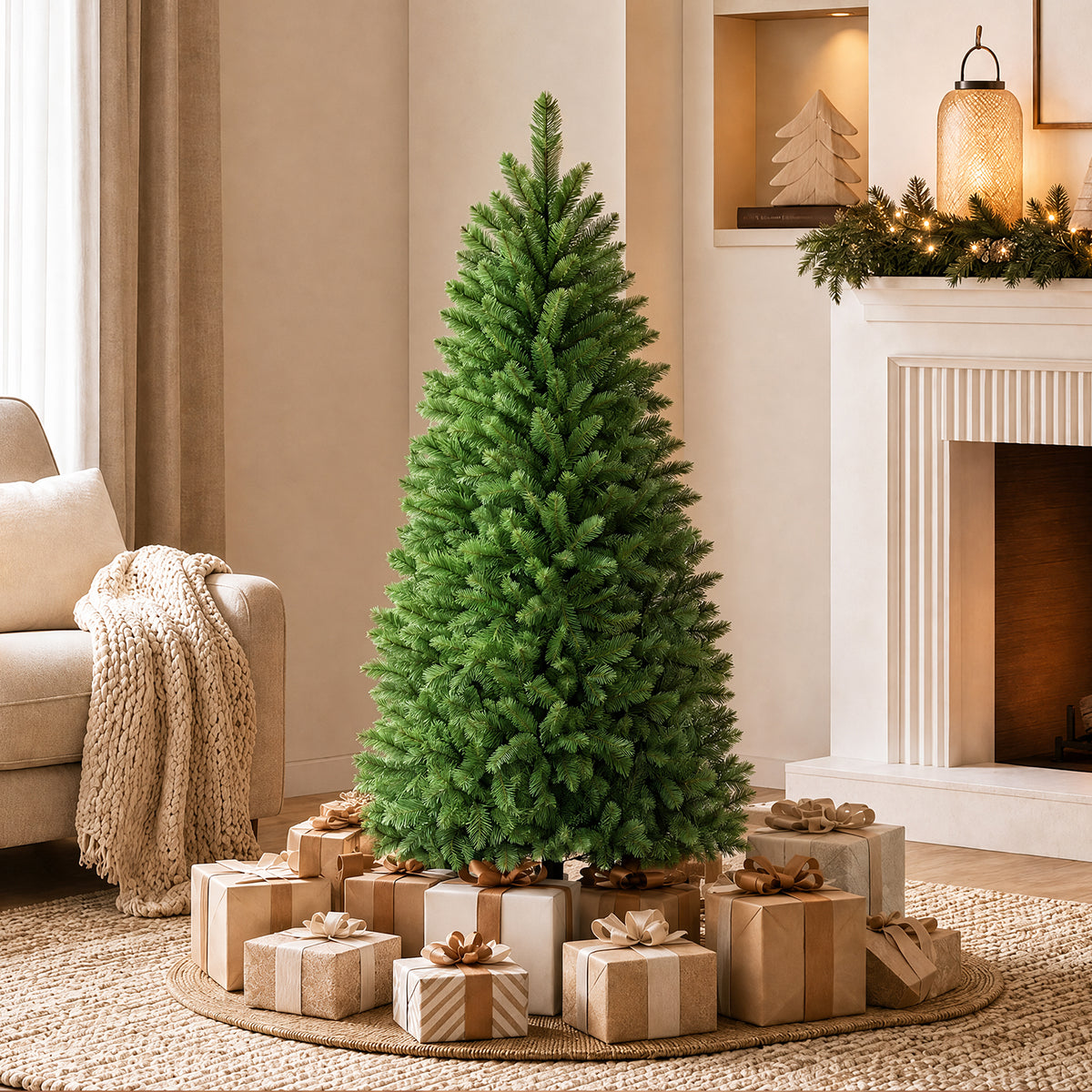 5FT/6FT/6.9FT Artificial Christmas Tree, Modern Christmas Tree w/ LED Lighting