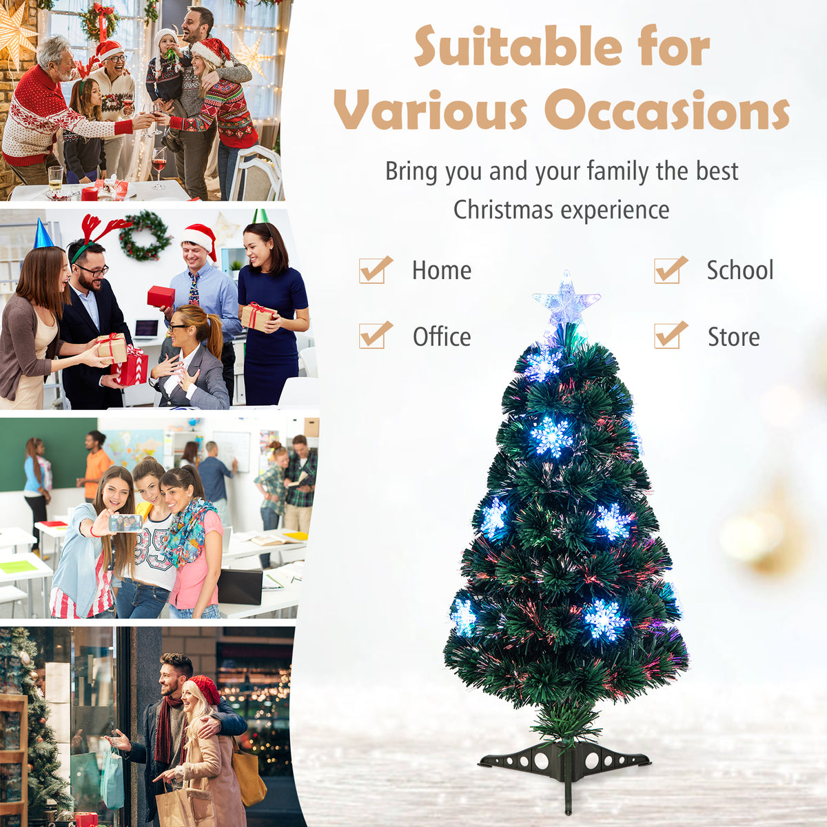 3FT Pre-Lit Optical Fiber Christmas Artificial Tree with Multicolor LED Lights and Snowflakes
