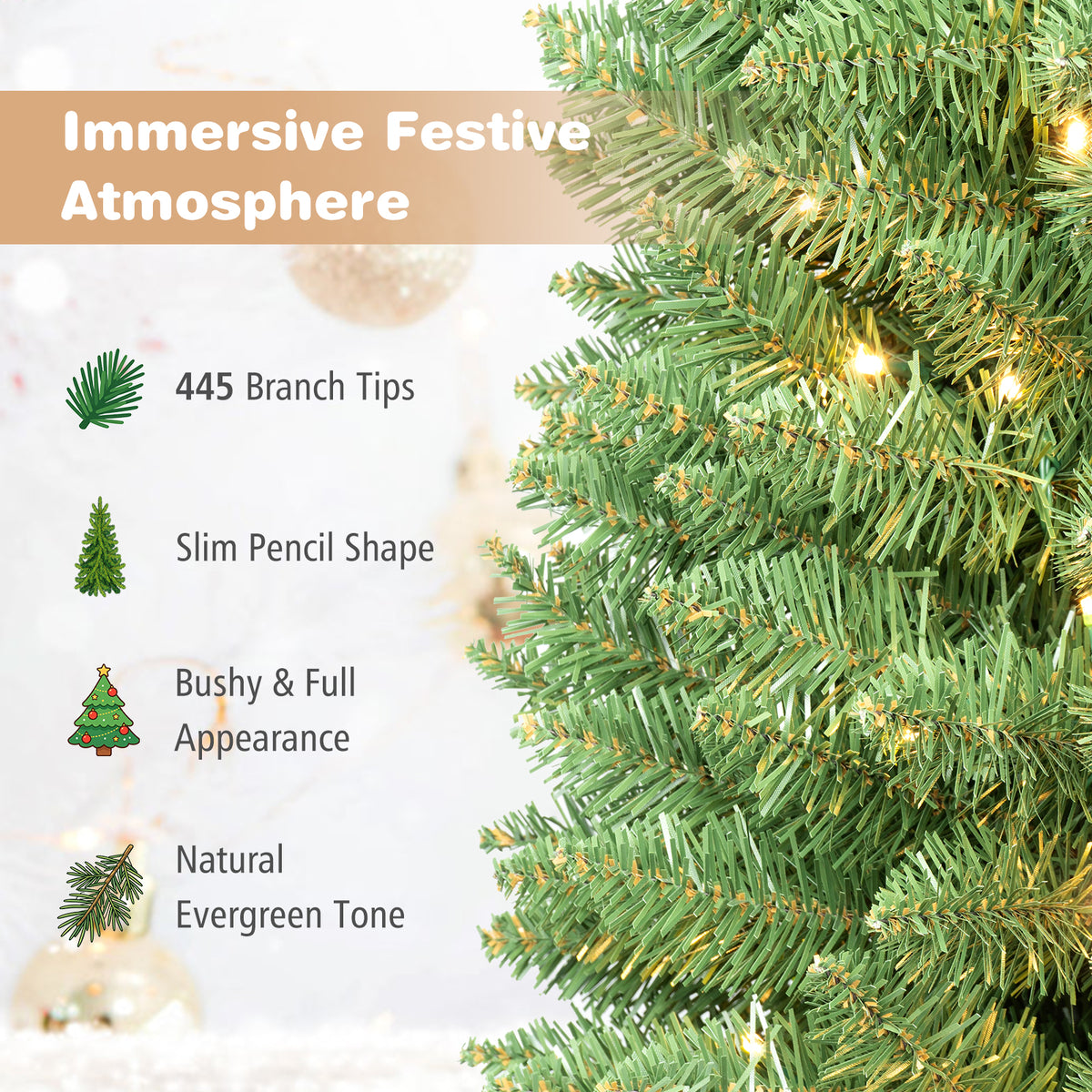 7FT Pre-Lit Pencil Christmas Tree, Slim Artificial Xmas Tree with Folding Metal Stand