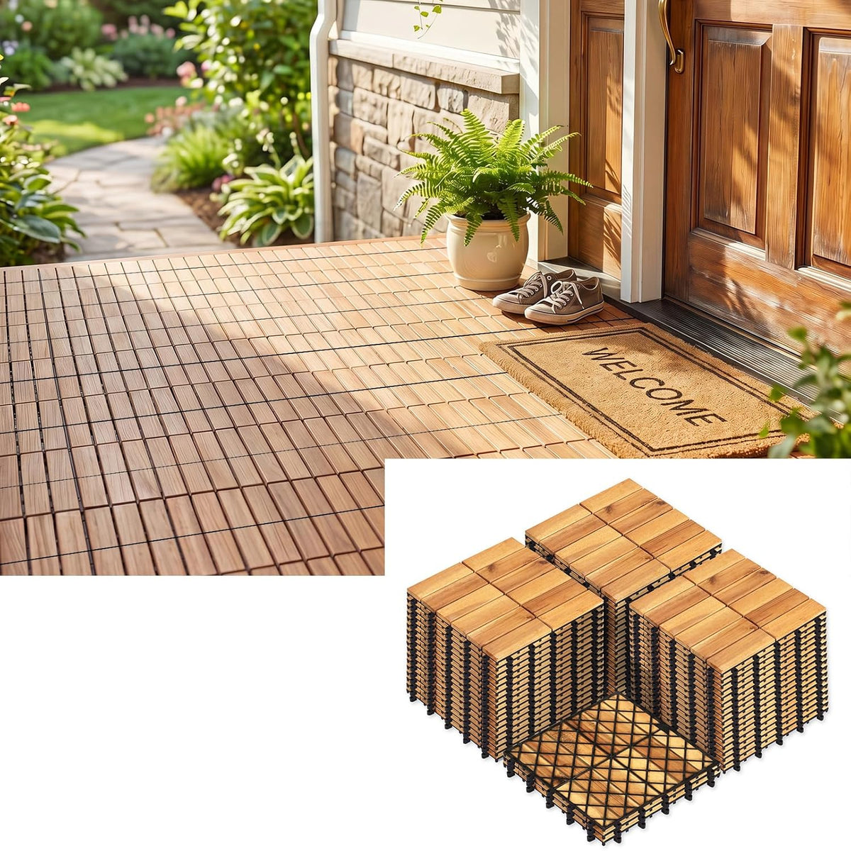 Lucktree 12" x 12" Interlocking Acacia Wood Deck Tiles
